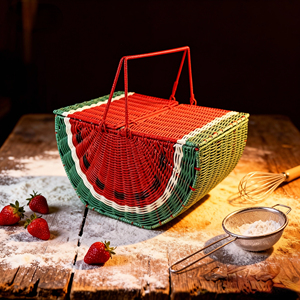 Produttore all'ingrosso tessuto a mano cestino da Picnic rettangolo anguria PE <span class=keywords><strong>Rattan</strong></span> intrecciato colorato <span class=keywords><strong>cesto</strong></span> di stoccaggio altalena <span class=keywords><strong>coperchio</strong></span> - Product Image 1