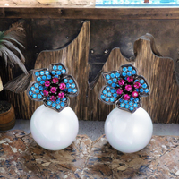 Magnifiques Boucles d'Oreilles Pendante Fleur en Zircon Bleu Rose et Grande Perle Blanche, Plaqué Noir, Idéales pour Fêtes, Cadeaux pour Demoiselles d'Honneur, Accessoires Tendance