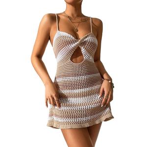Robe mini décontractée tricotée pour femme, sans manches, découpée, style color-block, respirante, en crochet, pour la plage, personnalisable en 3D - Product Image 1