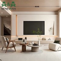 Meuble TV mural mat personnalisé avec console à tiroirs flottants, niche encastrée verticale finition clair et portes à poignées dissimulées