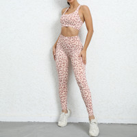 Ensemble de yoga deux pièces pour femme, imprimé léopard, respirant, en spandex et nylon, dos nageur, taille haute, pour l'entraînement et la gym
