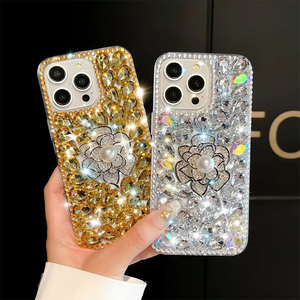 Lusso Bling alla moda perla fiore diamante PC custodia per telefono da <span class=keywords><strong>donna</strong></span> per iPhone 17 14 13 11 16 Pro Max Cover posteriore trasparente in oro - Product Image 3