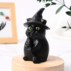 Sculpture en cristal naturel, chat sorcière en obsidienne noire pour la décoration - Product Image 1