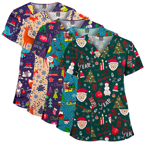 Alta calidad elástico moda estilo logotipo personalizado Hospital uniformes médico enfermera uniforme Unisex dibujos animados impreso Scrub Top - Product Image 4