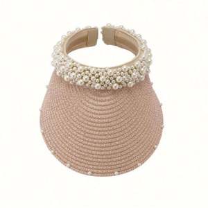 Sombrero de Paja para Mujer, Hecho a Mano, con Perlas, Plegable, Protección Solar, para la Playa - Product Image 1