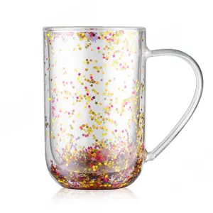 Christmas Luxury Fancy Gift 480ml Double Wall Glass Tea and Coffee Fantasy Confetti Glass Mug Cup With Handel and lid