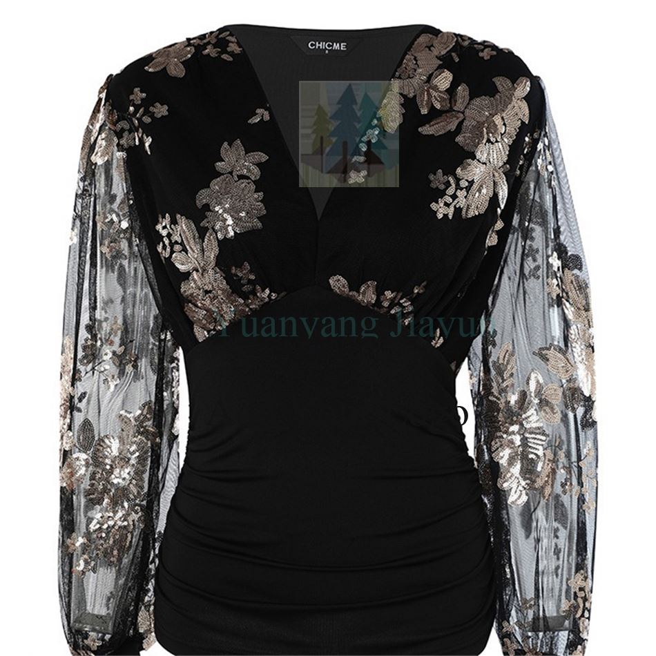 Surplice Wrap Tops - V-Neck Lantern Sleeve Casual Women's Blouse