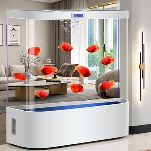 Gebogen dubbele ronde glazen aquariumvloerstandaard met waterpompen, bovenfilter, LED-display en zelfreiniging voor thuis, hotel, kantoor - Product Image 1