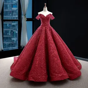 Manufacturer Tailor made Women Red off-shoulder evening dress lace big ball gown wedding dress