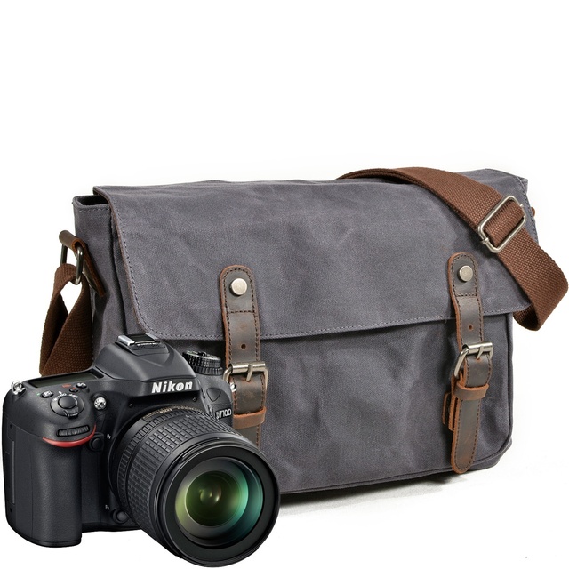 Men's Vintage First-Layer Genuine Leather Water-Repellent SLR Camera Shoulder Bag Casual Oil Wax Canvas for Horizontal