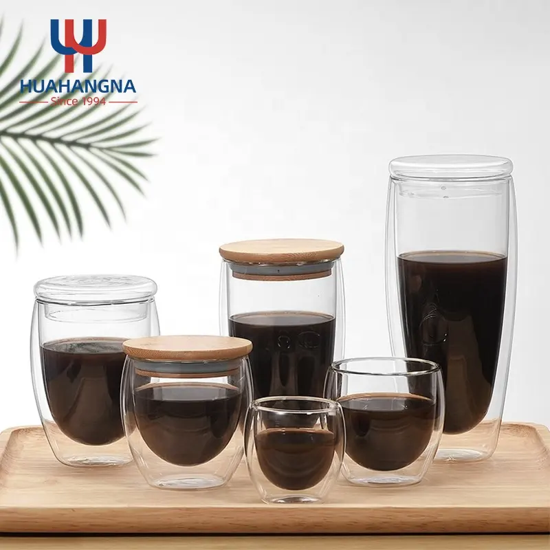 Custom Logo 150ml 250ml 350ml 450ml Double Wall Insulated Borosilicate Coffee Glass Cup Set with Handle And Lid For Tea Beverage