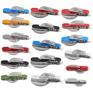 Ensemble de couverts de voyage pliables multifonctions en acier inoxydable avec couteau, fourchette, cuillère et ouvre-bouteille pour le camping et la randonnée en plein air - Product Image 1