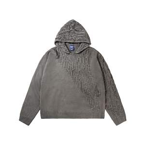 ユニセックス秋冬セーターアメリカンレトロスタイル非対称ニットデザインフード付きルーズフィットパッチワークメンズプルオーバー - Product Image 1