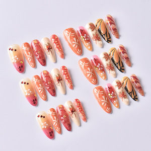Automne Hiver 30 Pièces Long Amande ABS Press-On Nails Feuille D'or Conception 3D <span class=keywords><strong>Libellule</strong></span> Fleur Feuille D'érable Motifs pour Doigt - Product Image 3