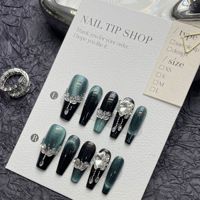 Gemmes vert foncé oeil de chat efficace fait à la main 10 pièces acrylique faux gel artificiel long cercueil porter presse sur les ongles