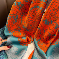 Foulard Grand Carré Style Européen et Américain Bleu Orange Classique Grand 110 Imitation Soie Écharpe Châle pour Femme