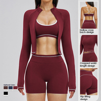 Ensemble de vêtements de sport pour femmes EVARICKY, 3 pièces, veste zippée ajustée de couleur contrastée, soutien-gorge de sport, short de sport, ensembles d'entraînement