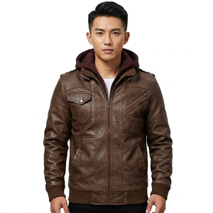 Factory Wholesale Fashion Men Racer Motorcycle PU Leather Plus Size Hooded Jacket Breathable <b>Zipper</b> Stand Autumn Brown Black - Product Image 4