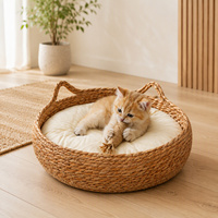 Lit rond pour chat en paille tressée respirante, housse amovible et lavable, lit pour animaux de compagnie écologique pour l'été