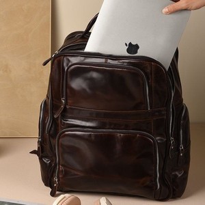 Genuine Leather <b>Backpack</b> <b>15</b> <b>Inches</b> <b>Laptop</b> Bag For Men Casual Business Style Oil Wax Finish Solid Color Durable Design - Product Image 3