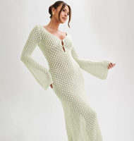 Hano Nieuwe Voorraad 9 Kleuren Doorzichtigen Dames Maxi Jurk Met Lange Mouwen Gehaakte Strandbedekking-Ups Gebreide Strandkleding