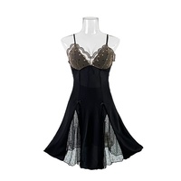 Chemise de nuit élégante et sexy pour femmes, en satin de polyester, avec dentelle, sans manches, sans col, pour le printemps, l'été et l'automne, pyjama, vêtements de maison