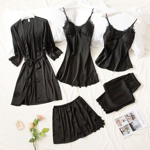 Vente chaude pyjamas imprimés non élastiques <span class=keywords><strong>ensemble</strong></span> 5 pièces <span class=keywords><strong>satin</strong></span> floral sexy <span class=keywords><strong>noir</strong></span> pyjamas contraste couleur femmes chemise de nuit - Product Image 5