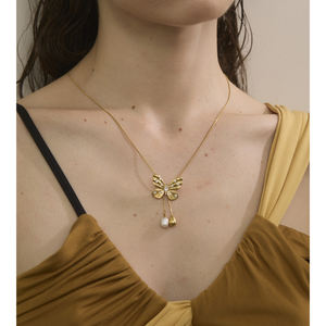 ג 'ינו 479 אלגנטי 3D נירוסטה פרפר זוהר מעוקב שרשרת זרקון שרשרת שרשרת פנינים כפולה פנינים - Product Image 5