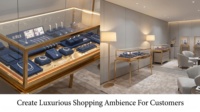 Comptoir à bijoux en acier inoxydable durable, vitrine haut de gamme en métal et verre avec éclairage LED pour mobilier de showroom de vente au détail