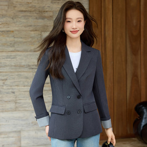 Women's Black Casual Blazer Double <b>Button</b> Solid Color Anti-Wrinkle Worsted Spring Autumn Plus Size <b>Suit</b> Top - Product Image 4