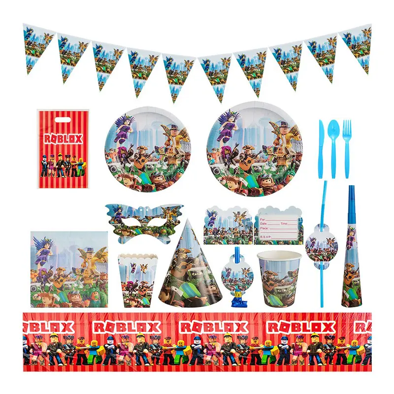 LUCKY Roblox Mundo Virtual Estilo de juego Fiesta de cumpleaños Suministros de comida Bandera de cumpleaños Decoración Plato de papel Vaso de papel Sombrero de papel