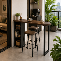 Table de bar étroite décorative moderne de 1050 mm de hauteur avec rangement, plateau en bois, structure en acier, table basse pour cuisine et mobilier de maison