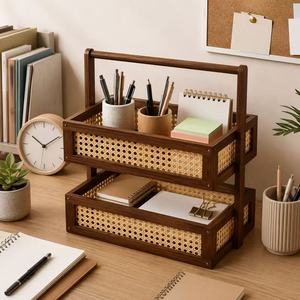 Organisateur de bureau double couche en bambou nanométrique avec rangement en maille de rotin pour fournitures de bureau et papeterie - Product Image 1