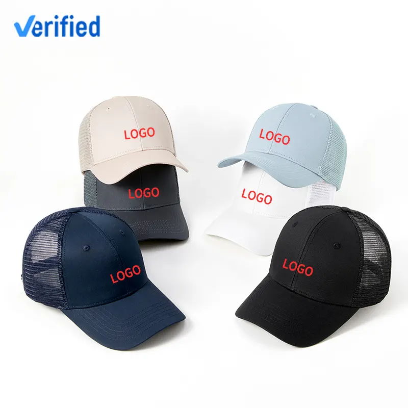 Topi dan topi baseball pria diskon besar logo kustom dengan topi jaring polos 6 panel topi bernapas musim panas