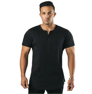 Algodão em torno do pescoço T-shirt esportes manga curta camisa henley europeus e americanos estilo duro cara fitness treinamento camisa botão