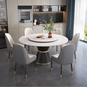 Meja Makan ringan Modern sederhana, furnitur ruang makan dan kursi kombinasi marmer bulat untuk ruang makan