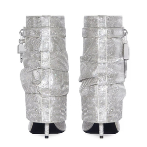Botines cortos de tacón alto y fino para mujer con diamantes, botines de tobillo con cierre de tiburón para niña, zapatos con parte superior plisada superpuesta - Product Image 4