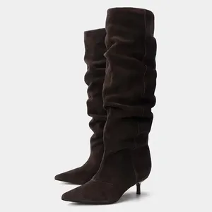 Bottes plissées d'hiver à enfiler pour femme, style rétro, bout pointu, talons chaton, confortables et légères - Product Image 2
