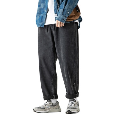 2021 High Quality Men Fashion Denim Jeans With Strings Washed Loose Jeans Wide Leg