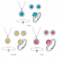 Ensemble de bijoux Halo multicolores en moissanite VVS, 4 pièces, bague réglable, pendentif, collier, boucles d'oreilles, bracelet, en argent S925