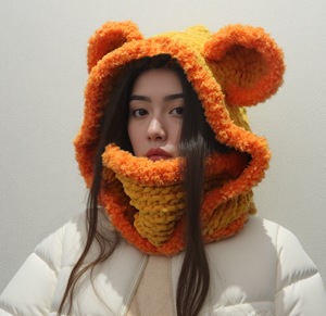 Cagoule <span class=keywords><strong>tricot</strong></span>ée mignonne pour <span class=keywords><strong>femme</strong></span> avec oreilles d'ours, bonnet chaud d'hiver pour le ski, cache-cou épais à <span class=keywords><strong>capuche</strong></span>, cache-cou animalier moelleux fait main - Product Image 4