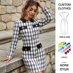 Abito midi a <span class=keywords><strong>maniche</strong></span> <span class=keywords><strong>lunghe</strong></span> in tweed floreale leggero stile inglese con risvolto in pelle a quadri e bottoni, vestibilità slim, linea ad A, colore a contrasto - Product Image 1