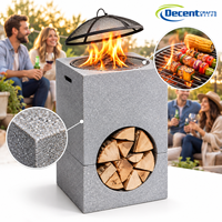 Brasero rectangulaire d'extérieur en béton avec grille, rangement pour bois et écran anti-étincelles en maille, pour jardin et patio