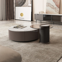Ensemble de 2 tables basses rondes en verre avec plateau en marbre et tiroirs de rangement, meuble TV et table centrale pour salon – Vente chaude