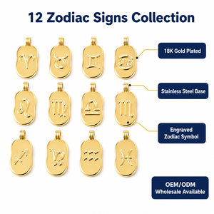 Colgantes de Acero Inoxidable con Símbolos Grabados de los 12 Signos del Zodíaco, Chapados en Oro de 18K, Venta al por Mayor OEM - Product Image 1