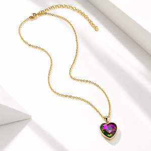 Collier avec pendentif cœur multicolore en zircon en acier inoxydable avec placage sous vide en or 14 carats, chaîne de 40+9,5 cm - Product Image 1