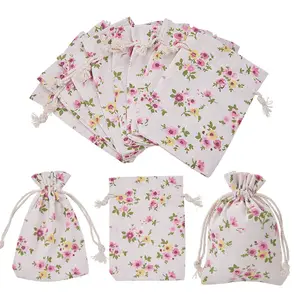 10*14cm Flower Printed Cotton Linen Drawstring Pouch with Cartoon Pattern Herbal Sachet Empty Hemp Bag Small Floral Cloth Bag