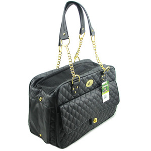 Sac de transport pour animaux de compagnie, design matelassé noir, respirant, pour chien et chat, avec poignée à chaîne - Product Image 2