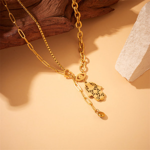 Gold Plated Hamsa Hand Necklace With Evil Eye Pendant Stainless Steel Chain Unisex Jewelry Gift Set - Product Image 2