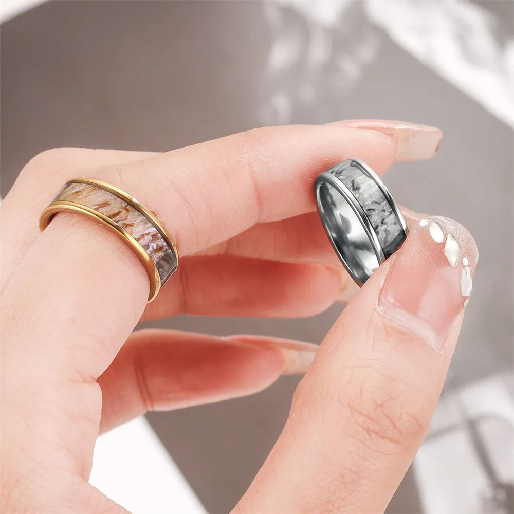Populaire nouveau design anneaux coquille d'ormeau plaqué or rond cercle en acier inoxydable coquille anneaux #7 #8 #9 pour hommes femmes anneaux bijoux